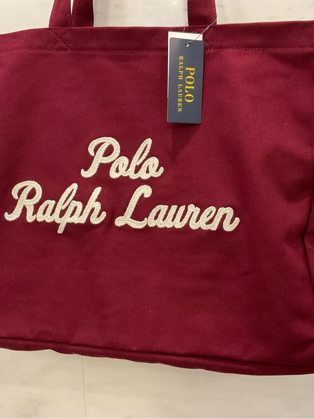 NWT Polo Ralph Lauren BURGUNDY Cotton Chain Stitch Embroidered Canvas Tote Bag